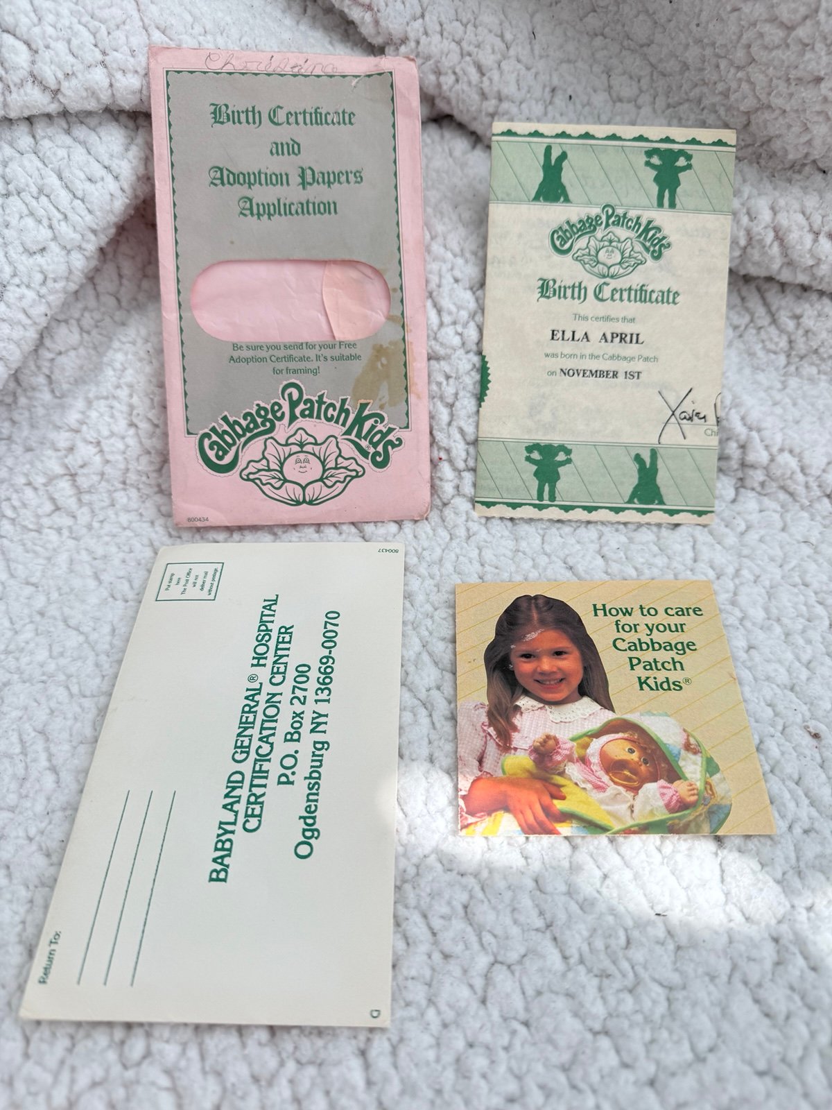 Cabbage Patch Birth Certificate And Adoption Papers Ella April November 1